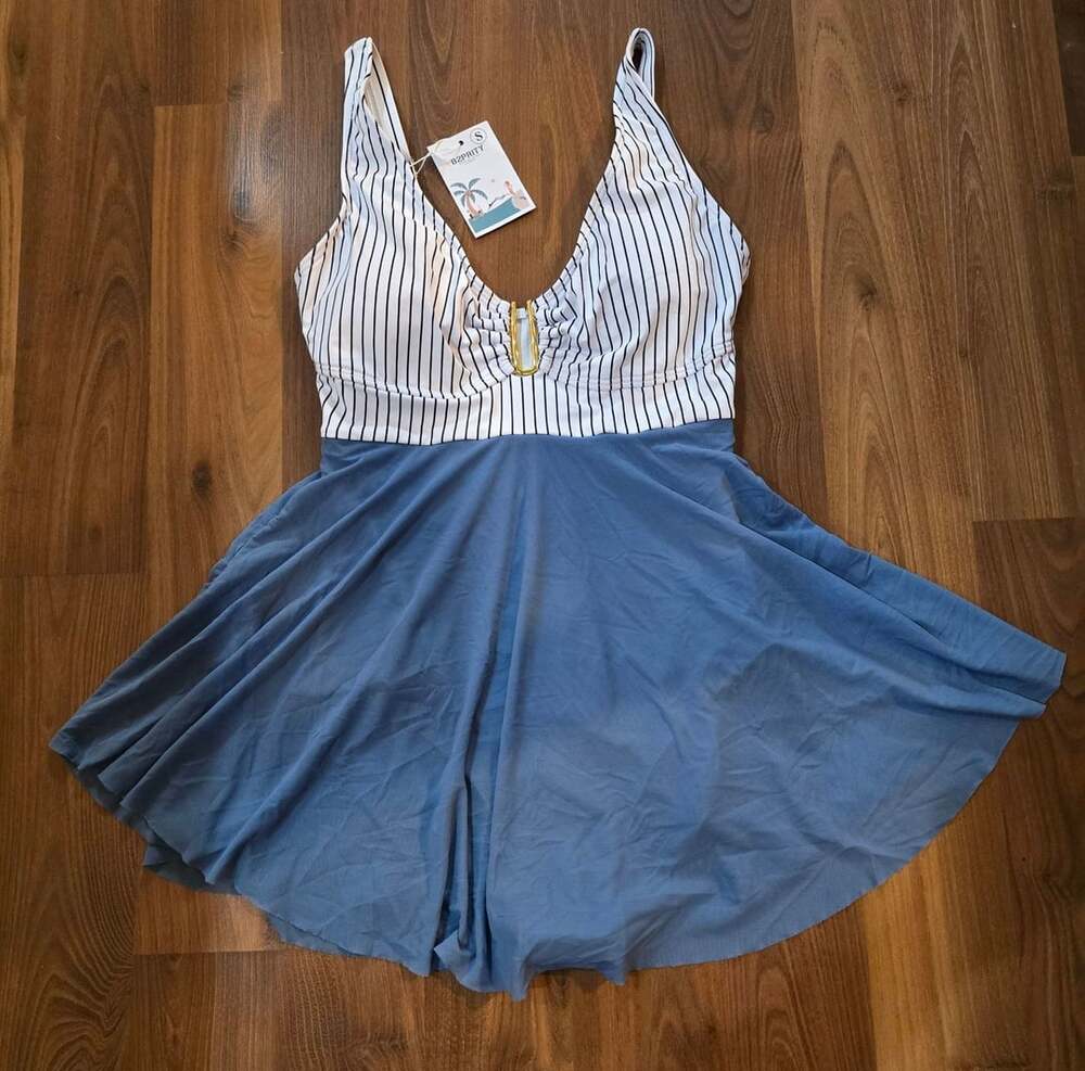 Women's One Piece Swimsuit with Skirt, Striped Top and Blue Bottom, Size S